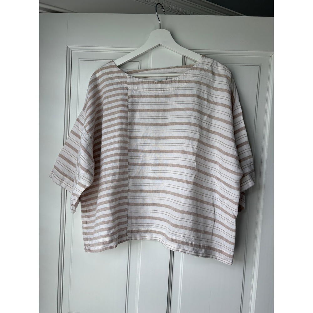 Pure Jill J. Jill Linen Striped Boxy Top Medium Petite Tan White Short Sleeve